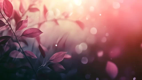 Pink leaves in soft bokeh light with gentle blur effect.