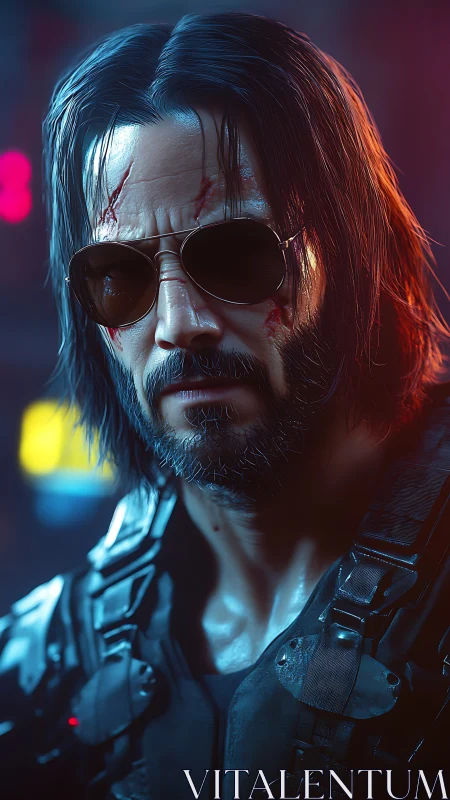 Cyber-noir portrait of scarred mercenary in neon rim light