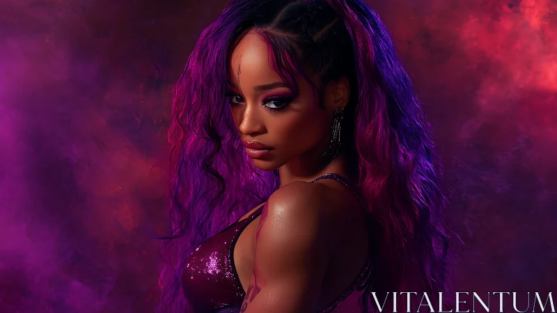 Vibrant purple portrait captures fierce, luminous confidence