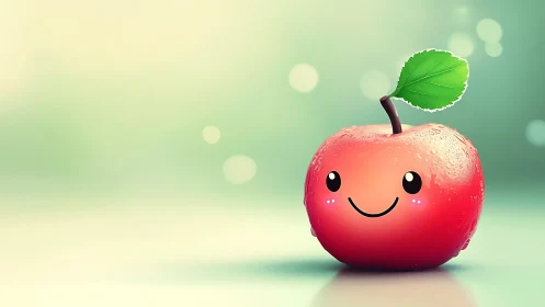Smiling pink apple friend on a soft dreamy backdrop.