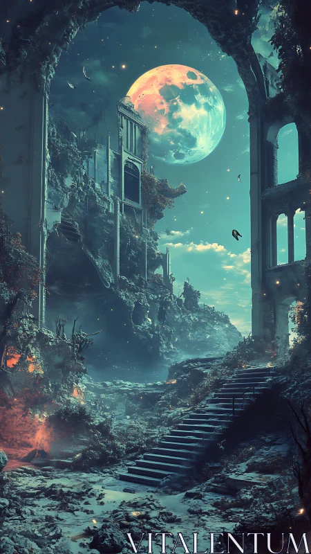 Ruined lunar basilica under bioluminescent celestial tide.