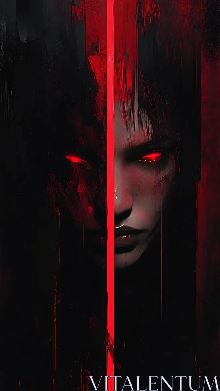 Split-faced shadow figure glares through vertical red rift