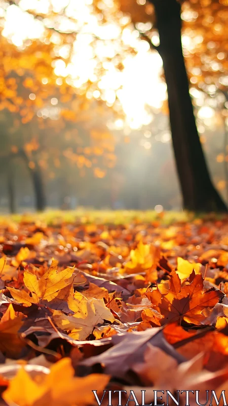 Golden autumn leaves glow softly in warm afternoon light