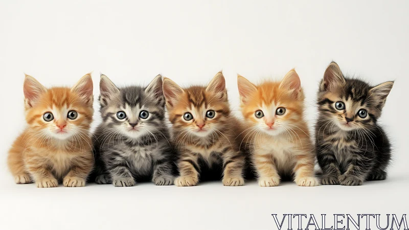 Five juvenile domestic felines display distinctive phenotypic colorations in frontal compositional a