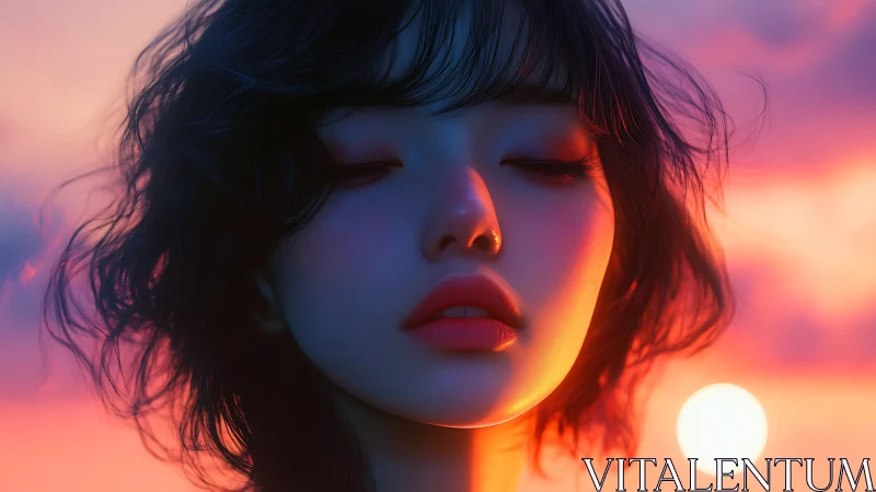 Soft-lit portrait isolates stylized face against saturated sunset field