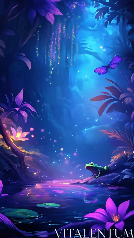 Glowing forest pond with frog, lilies and purple butterfly.