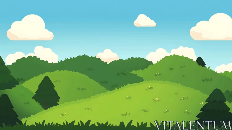 Stylized rolling hills landscape with layered cartoon foliage.