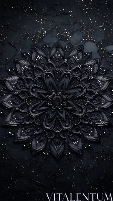 Black mandala relief explodes over textured midnight field.