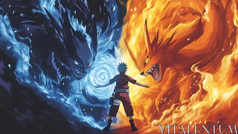 Central figure between opposing blue and orange chakra beasts.