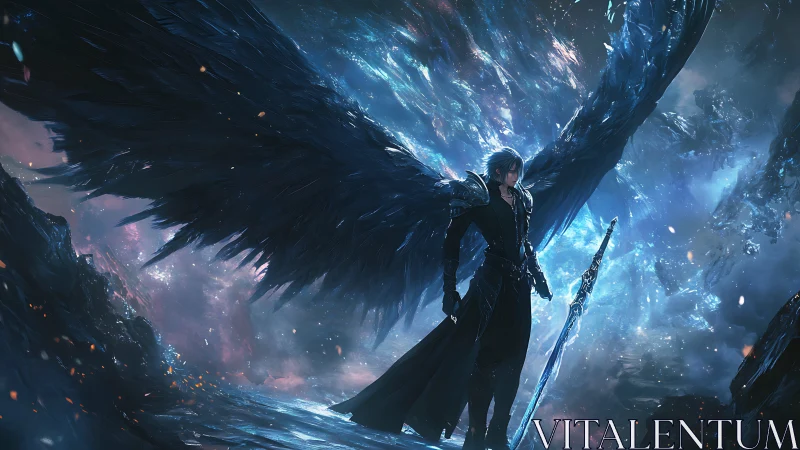 Midnight winged warrior pausing in a storm of starlight.