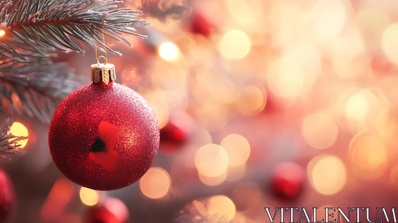 Red Christmas bauble hangs on frosted branch with warm bokeh