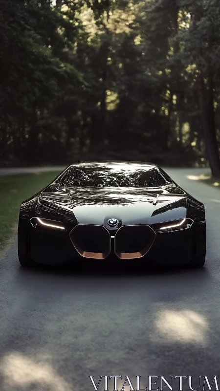 Low frontal view of sleek black concept coupe on road.