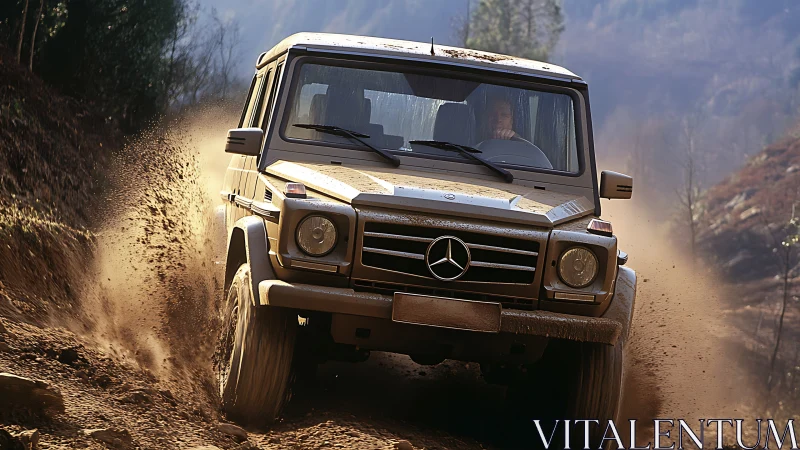 Mercedes SUV moves along uneven dirt trail in rural terrain