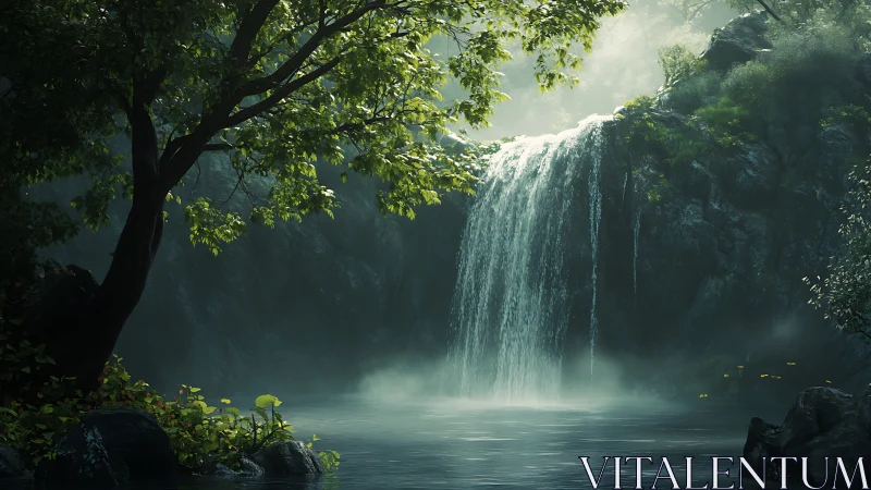 Whispering forest waterfall pouring into a mist-kissed pool.