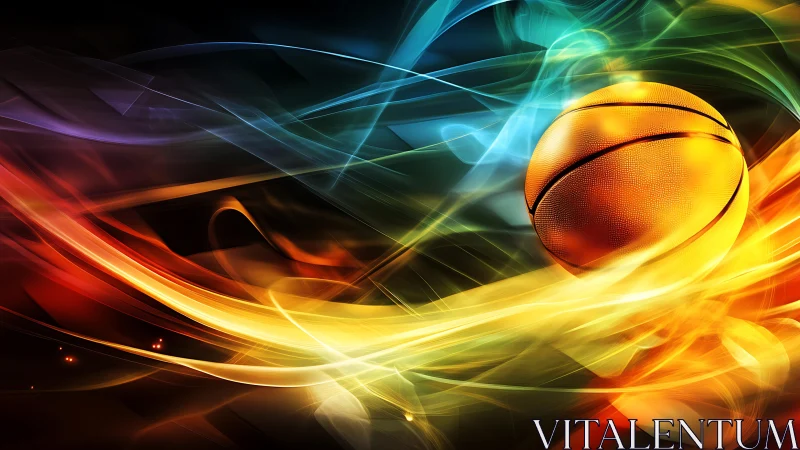 Glowing basketball cuts through neon motion trails at speed.