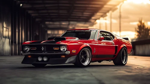 Restomodded 1971 fastback muscle car under golden hour light