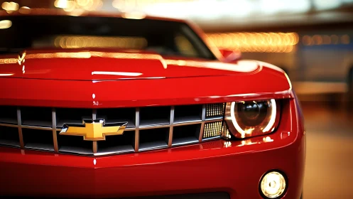 Crimson muscle car close‑up glowing with urban showroom light.