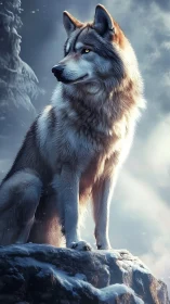 Regal wolf on icy outcrop rendered in high-detail digital art