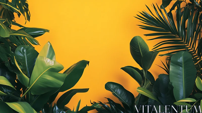 Tropical foliage composition against bold yellow backdrop.