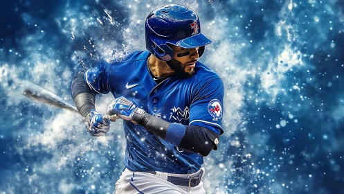 Kinetic baseball batter in blue uniform amid dynamic particle burst.