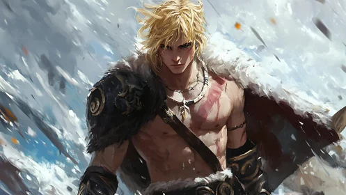 Blond warrior stands barechested in snowstorm with fur cloak