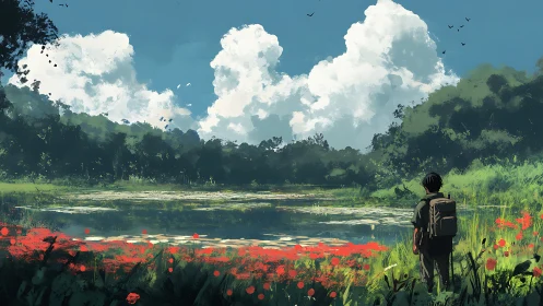 Digital painting landscape with lone hiker at reflective pond.