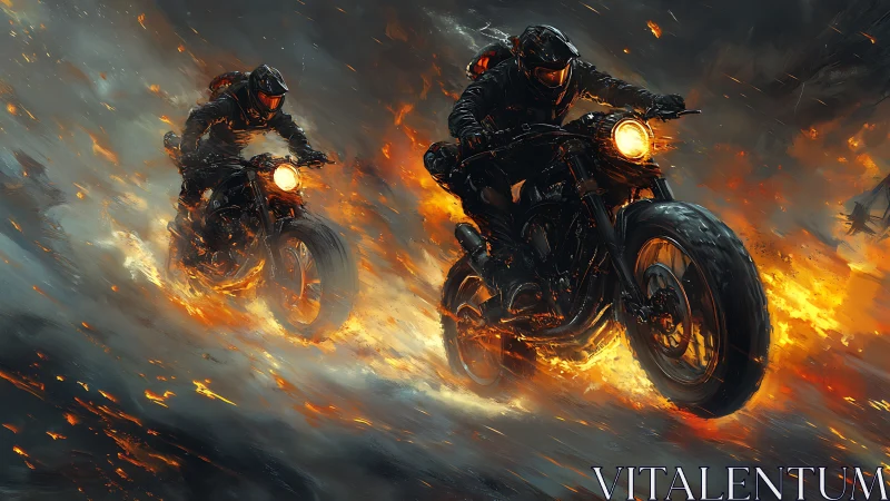 Twin armored riders accelerate through incendiary storm