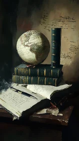 Globe of ink and leathered tomes in painterly quiet light.