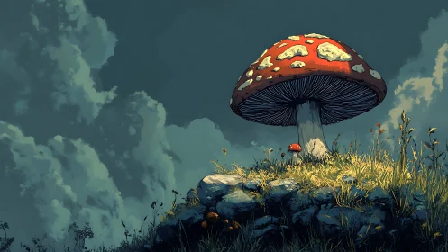 Giant red mushroom on rocky hill under dense clouded sky.