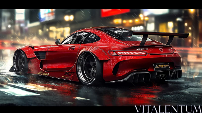 Widebody red GT race car in neon city rain environment.