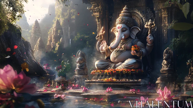 Majestic Ganesha statue presides over misty lotus temple pond