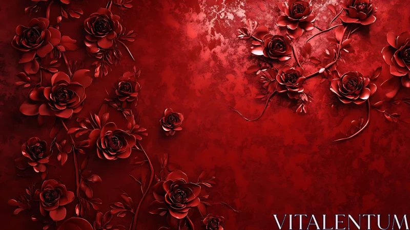 Deep Red Sculptural Roses Against Textured Grunge Background.