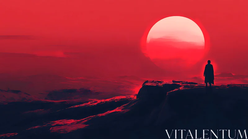 Solitary dreamer beneath a colossal crimson sunscape.