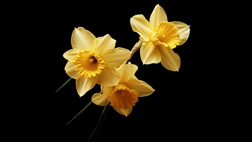 Three Golden Daffodils Strike Dramatic Poses Against Darkness