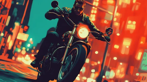 Motorcycle rider cuts neon city street in bold teal blaze.
