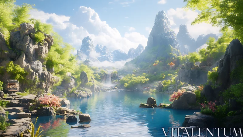 Mountain lake landscape with rocky cliffs and dense foliage.