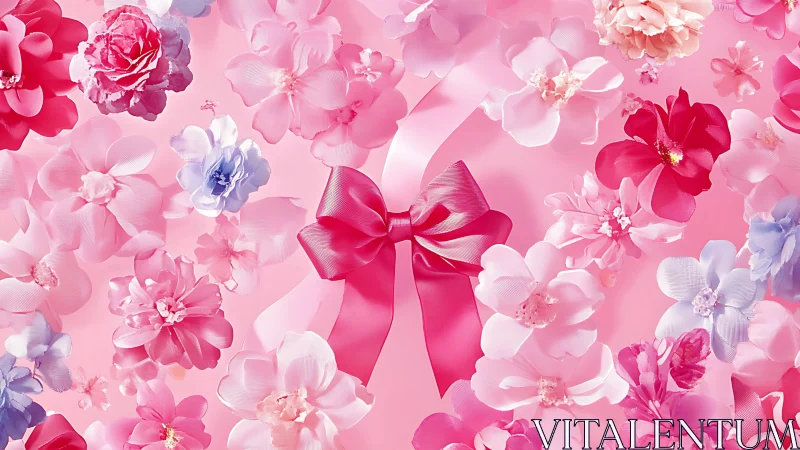 Pink floral arrangement with red ribbon bow centerpiece composition