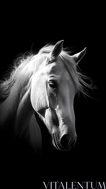 Monochrome horse head is rendered against uniform black background