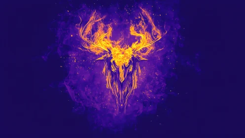 Flaming stag skull in neon duotone firecloud composition.