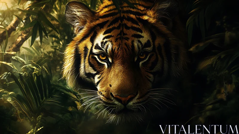 Golden-eyed jungle tiger emerging from deep shadowed leaves.