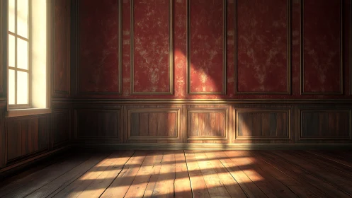 Dusty red wainscoted room catches warm morning light.