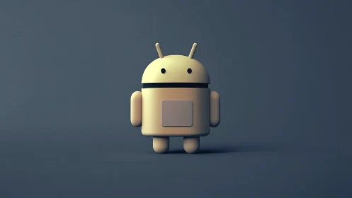 Softly lit android mascot standing in a calm blue studio.