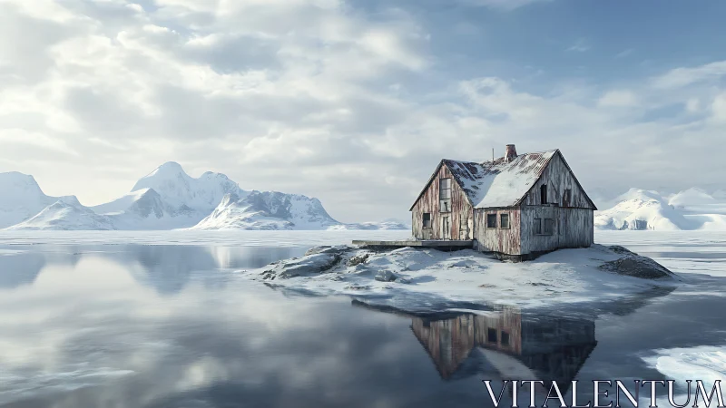 Isolated Wooden Structure on Frozen Water