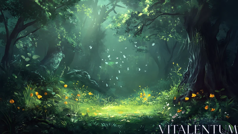 Enchanted forest clearing with luminous canopy and scattered wildflowers