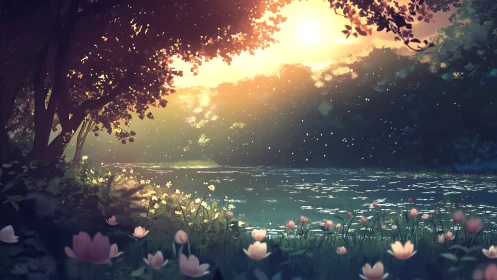 Soft sunset over a quiet forest pond of drifting petals.