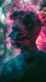 Silhouetted dreamer dissolves into neon plumes of drifting haze.