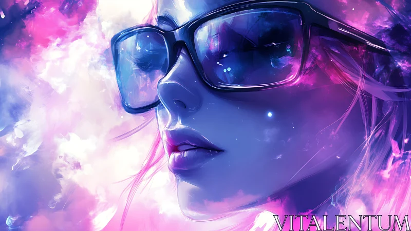 Nebula reflections curl softly across her dreaming glasses
