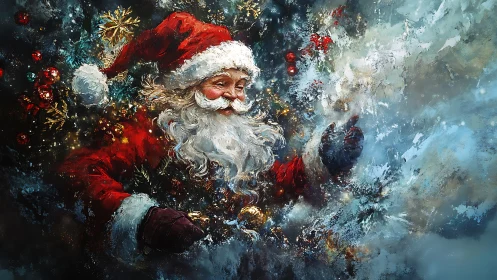Festive Santa portrait in swirling painterly snowstorm.