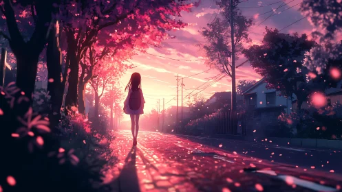 Backlit figure walks along tree-lined residential street