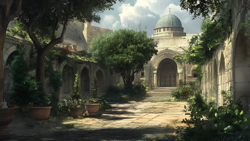 Sunlit stone courtyard gently welcomes a quiet domed hall
